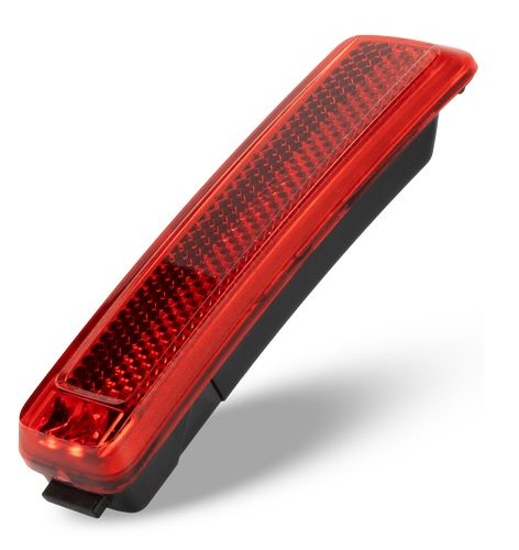 Baklampa ACID E-Bike PRO-E Sic 2.0 bromsljus BES3 för bakskärm är en röd och svart rektangulär bilreflektor i plast med en strukturerad reflekterande yta, som visas mot en vit bakgrund och kastar en svag skugga.
