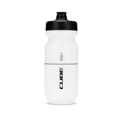 Vit Cube Flow vattenflaska med svart lock, tillgänglig i 500 eller 750 ml.