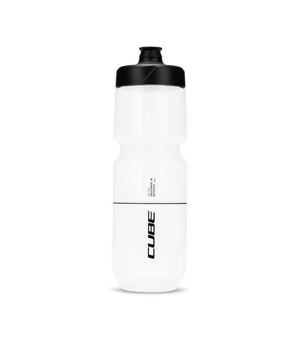 Cube-flaska-750-ml-transp Vit Cube vattenflaska med svart lock och Cube-logotyp.