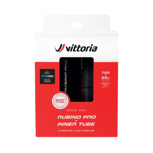 Förpackning med två Vittoria Rubino Pro IV Graphene 2.0 racerdäck och slangar.