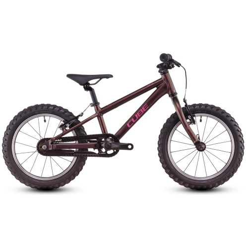 Vinröd Cube Acid 160 barncykel med 16-tums hjul, lämplig för unga cyklister.