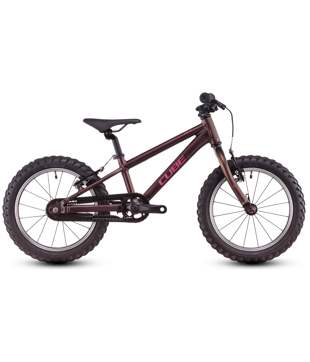 Cube-acid-160-v-rod Vinröd Cube Acid 160 barncykel med 16-tums hjul, lämplig för unga cyklister.