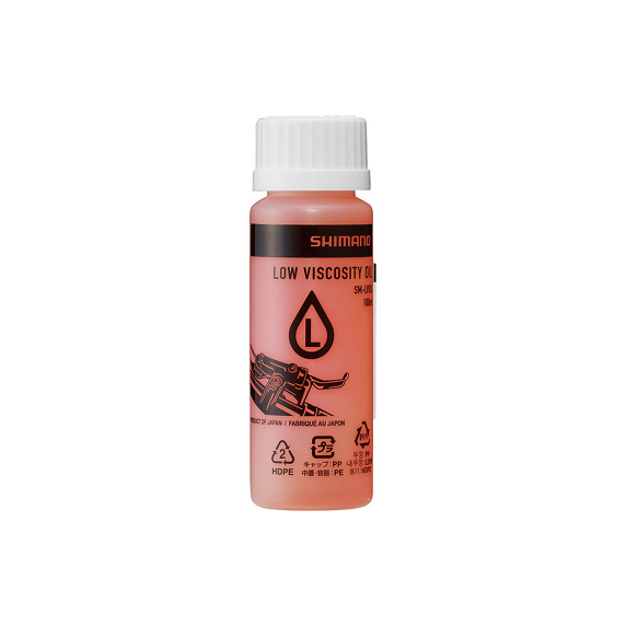 ISMLVOIL01_Mineral_Oil_100ml_01.jpg.thumb.572.572 Flaska Shimano lågviskosig olja, etikett med text och symboler.