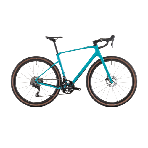 Blå Cube Nuroad C:62 Pro gravelcykel med bruna däck och svart sadel.