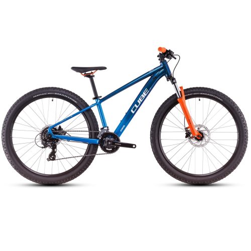 Blå Cube Acid 260 Disc 26" barncykel, en mountainbike med orange detaljer.