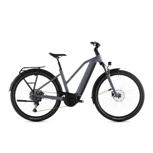 Grå Cube Touring Hybrid Pro 800 elcykel med lågt insteg och pakethållare.
