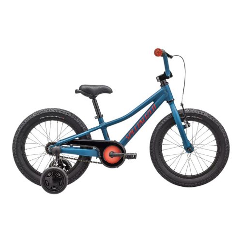 Blå Specialized Riprock 16 tums barncykel med stödhjul.