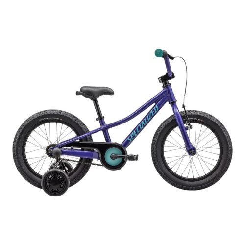 Lila Specialized Riprock barncykel med stödhjul och gröna detaljer.
