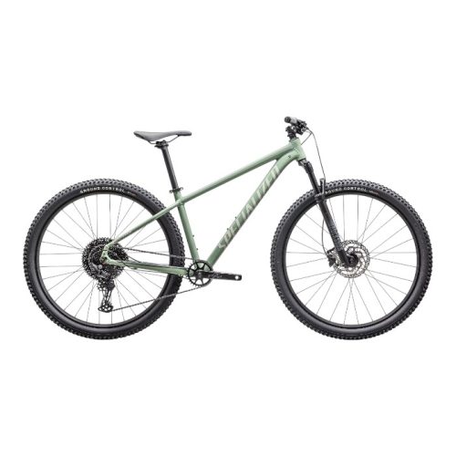 Grön Specialized Rockhopper Comp 29 mountainbike med svarta däck och detaljer.