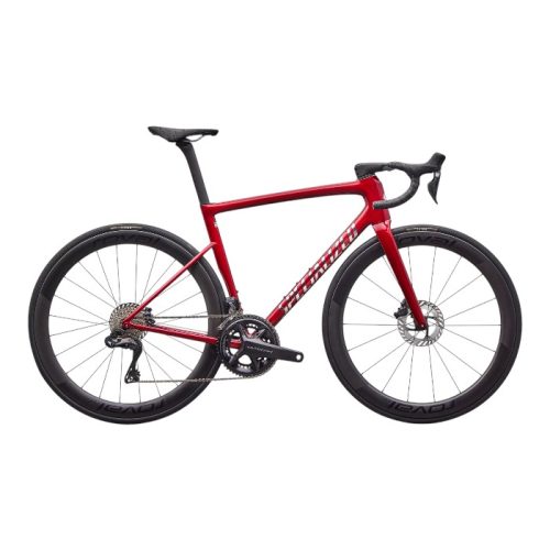 Röd Specialized Tarmac SL8 PRO landsvägscykel med skivbromsar och Ultegra Di2-växlar.