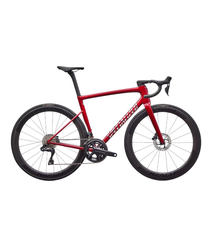 Tarmac-pro-röd-3 Röd Specialized Tarmac SL8 PRO landsvägscykel med skivbromsar och Ultegra Di2-växlar.