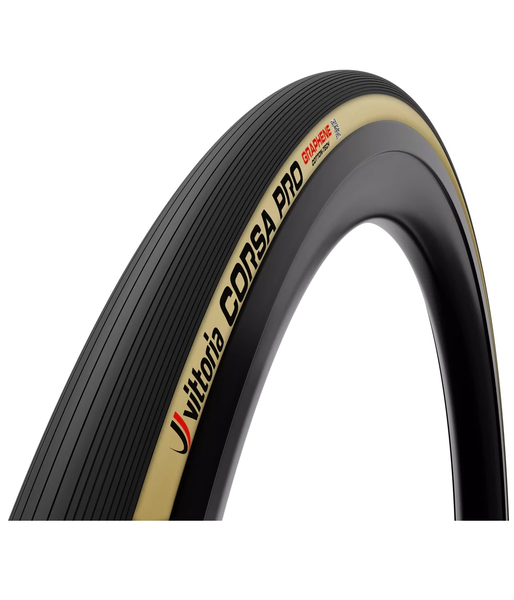 corsa-pro-road-pro-competition-tubeless-Para Vittoria Corsa N.EXT cykeldäck, brunt och svart monterat på en cykelhjul.
