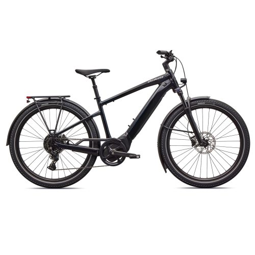Svart Specialized Turbo Vado 4.0 LGH elcykel för herrar med pakethållare och skärmar.
