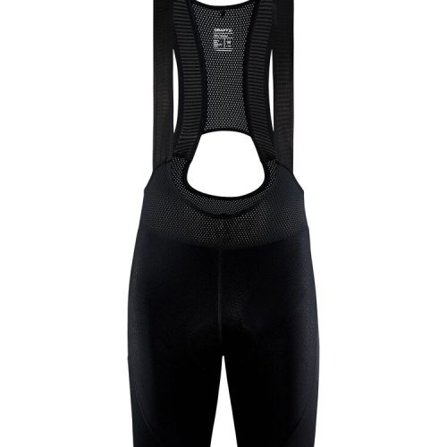 Svarta Craft ADV Gravel bib shorts, framifrån, med nätmönster och hängslen.