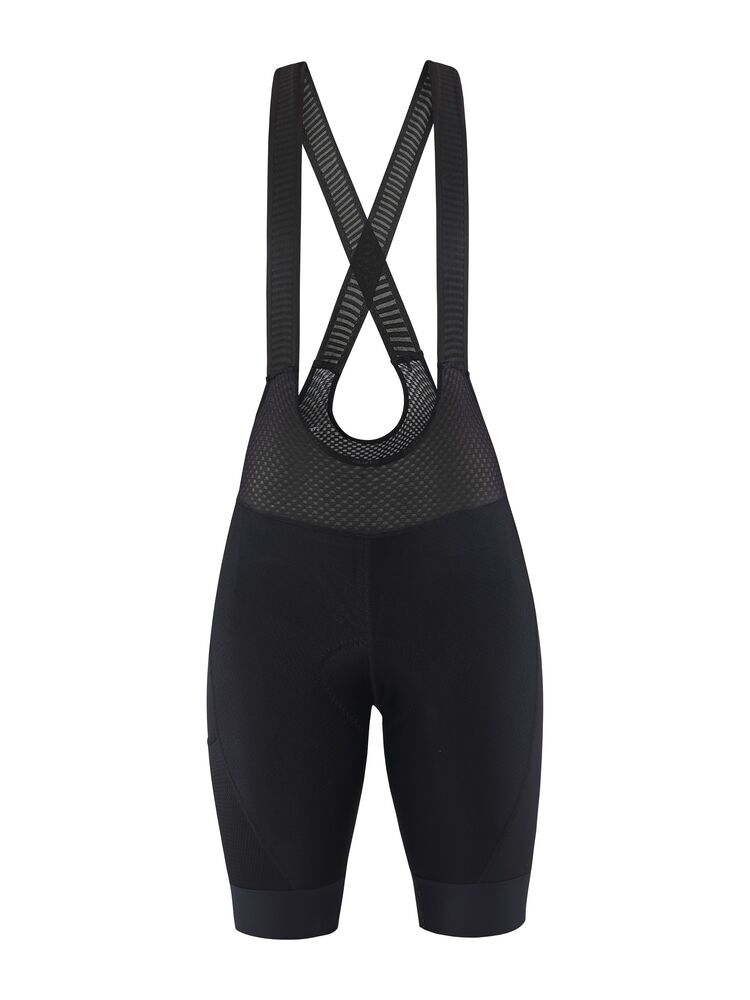 Adv Offroad Bib Shorts W Svarta Craft ADV Gravel Bib Shorts för damer på vit bakgrund.