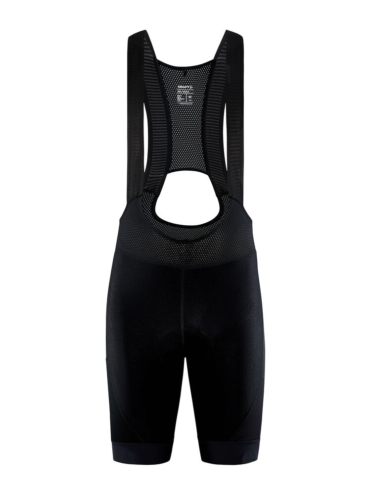 Adv Offroad Bib Shorts Svarta Craft ADV Gravel bib shorts, framifrån, med nätmönster och hängslen.