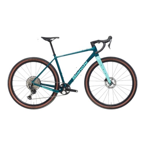 Bianchi Arcadex Alu gravelcykel i celeste och grön, en landsvägscykel för äventyr.