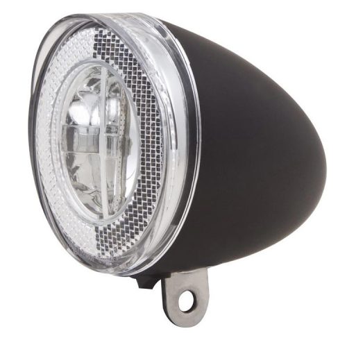 Svart Spanninga Swingo C20 XDO framlampa för navgenerator, avbildad i närbild.