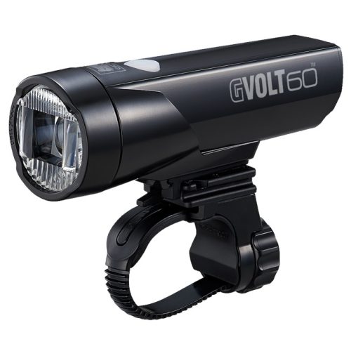 Svart CatEye G Volt 60 framlampa med fäste. Vinkelvy.