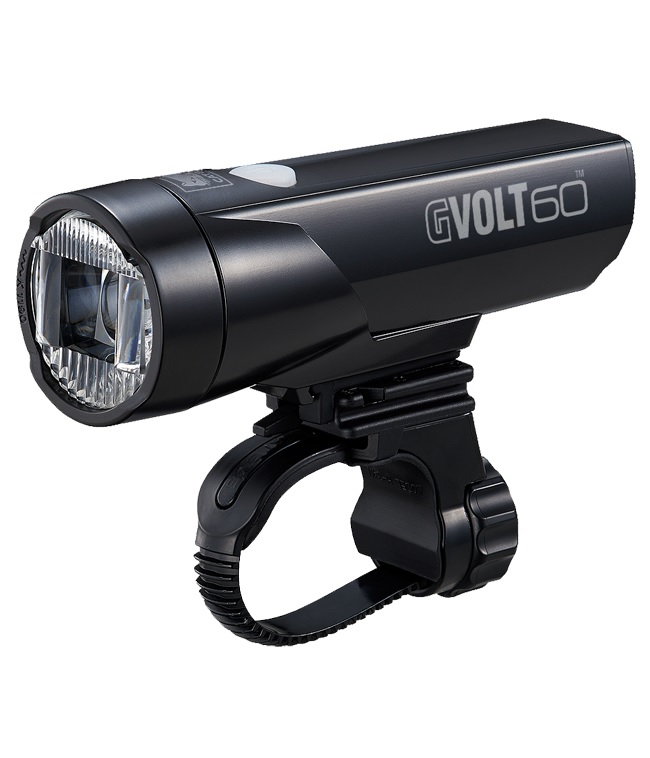 gvolt60-1 Svart CatEye G Volt 60 framlampa med fäste. Vinkelvy.