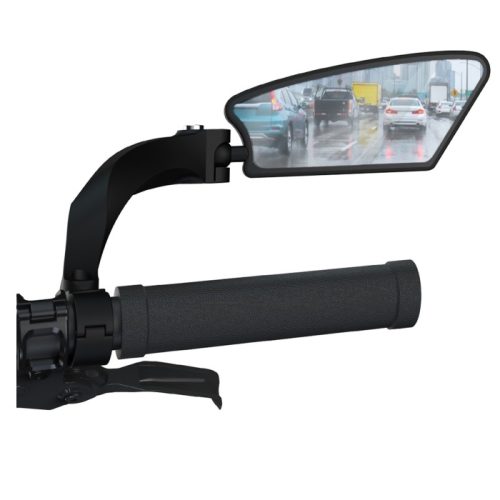 Cykelstyre med vänster Backspegel Oxford E-Mirror, visar trafik i spegeln.