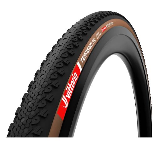 Vittoria Terreno T30 graveldäck, 45-622 mm, svart/brunt monterat på en cykelfälg.