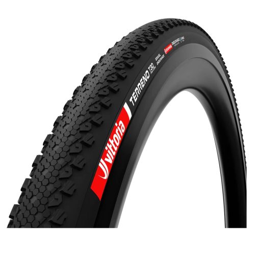 Svart Vittoria Terreno T30 45-622 mm graveldäck med grovt mönster.