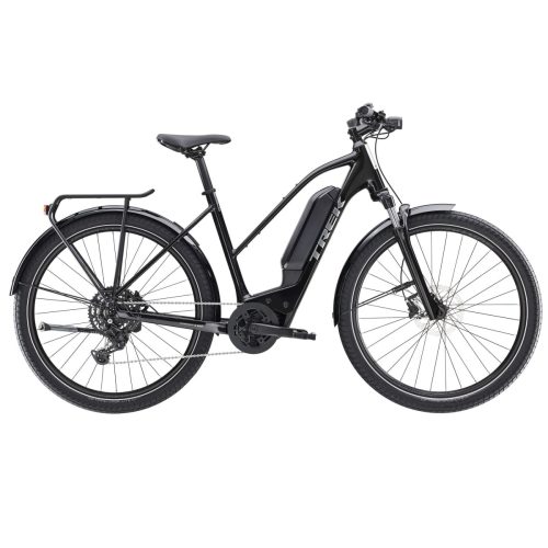 Svart Trek Allant+ 5 Elcykel med 9 växlar, avbildad i profil.