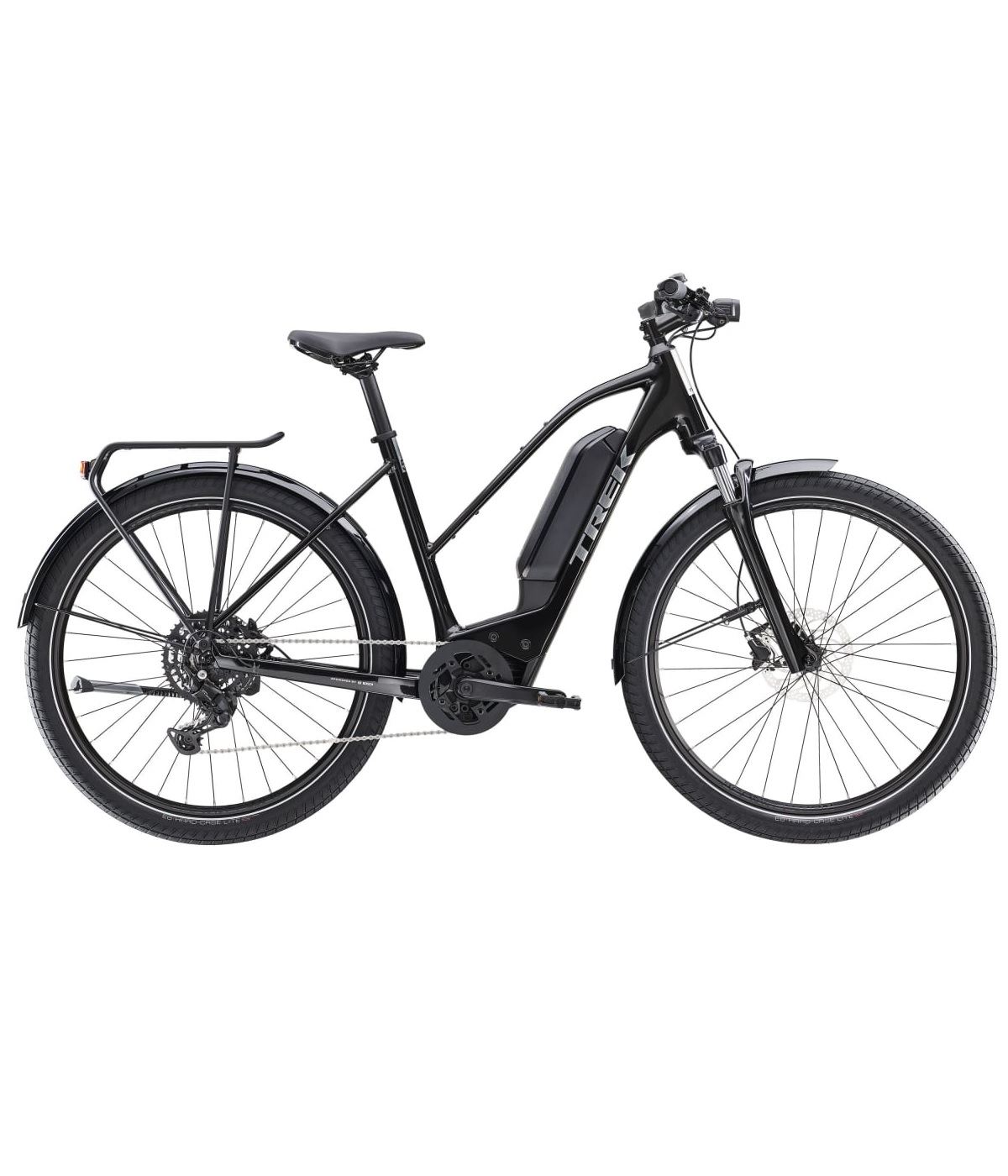 trek-allant-5-mid-step-400wh Svart Trek Allant+ 5 Elcykel med 9 växlar, avbildad i profil.