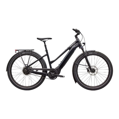 Svart Specialized Turbo Vado 4.0 IGH elcykel med pakethållare.