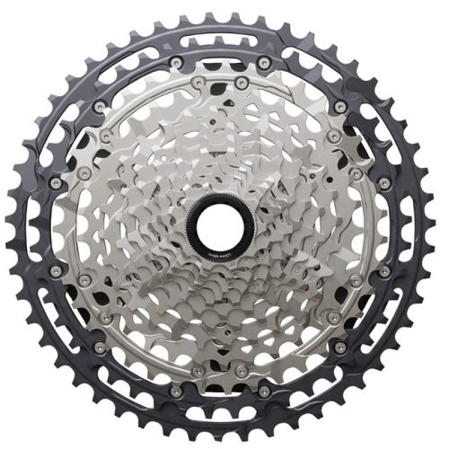 Shimano XTR M9200 kassett, en 12-växlad Hyperglide+ kassett för cyklar, i grått och svart.