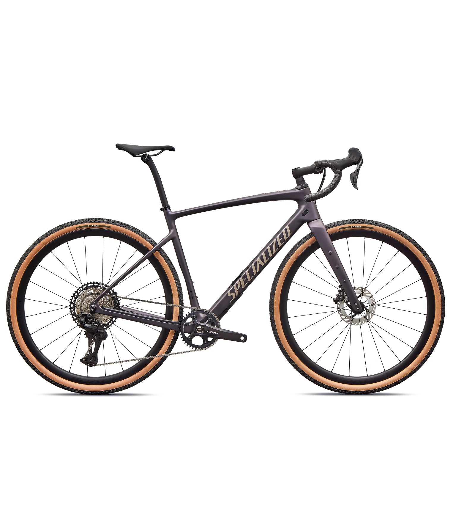 DIVERGE-EXPERT-DI2-NBLMET-SNDSTNMET En lila Gravel Specialized Diverge Expert cykel står mot en vit bakgrund