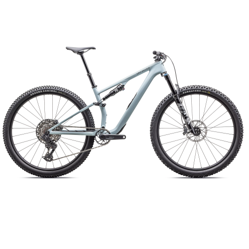 MTB 29" Specialized Epic 8 Evo Comp, 1x12s - blå visas i profil mot en vit bakgrund, med full fjädring, stora knobbydäck, skivbromsar, en bakre stötdämpare och en elegant blå ram.
