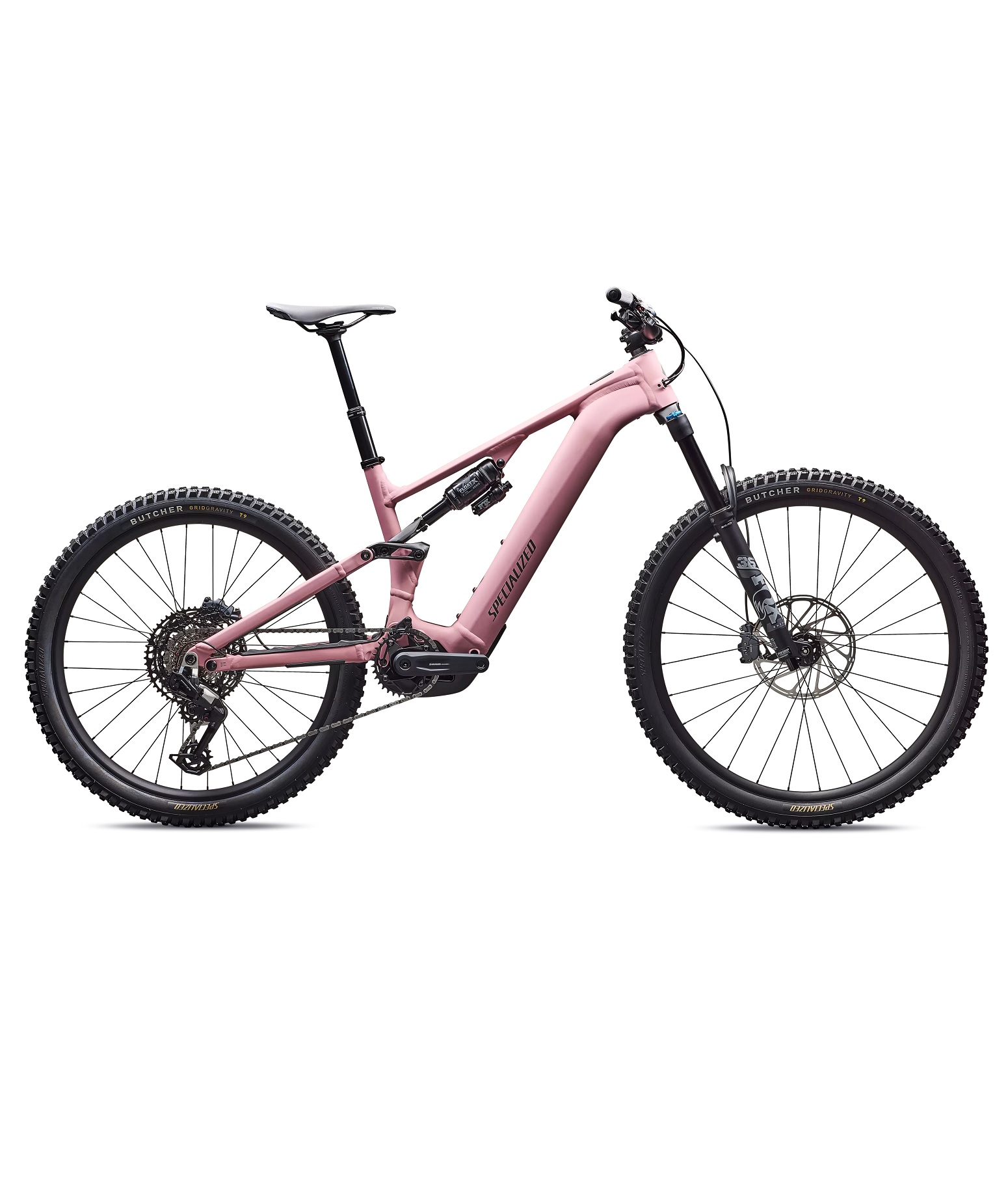 LEVO-COMP-ALLOY-G4-DSKPNK-CYPRMET Rosa Specialized Turbo Levo 4 Comp aluminium el-mountainbike med dämpning fram och bak. Fint ljus framhäver cykelns detaljer och den robusta designen för terrängkörning.