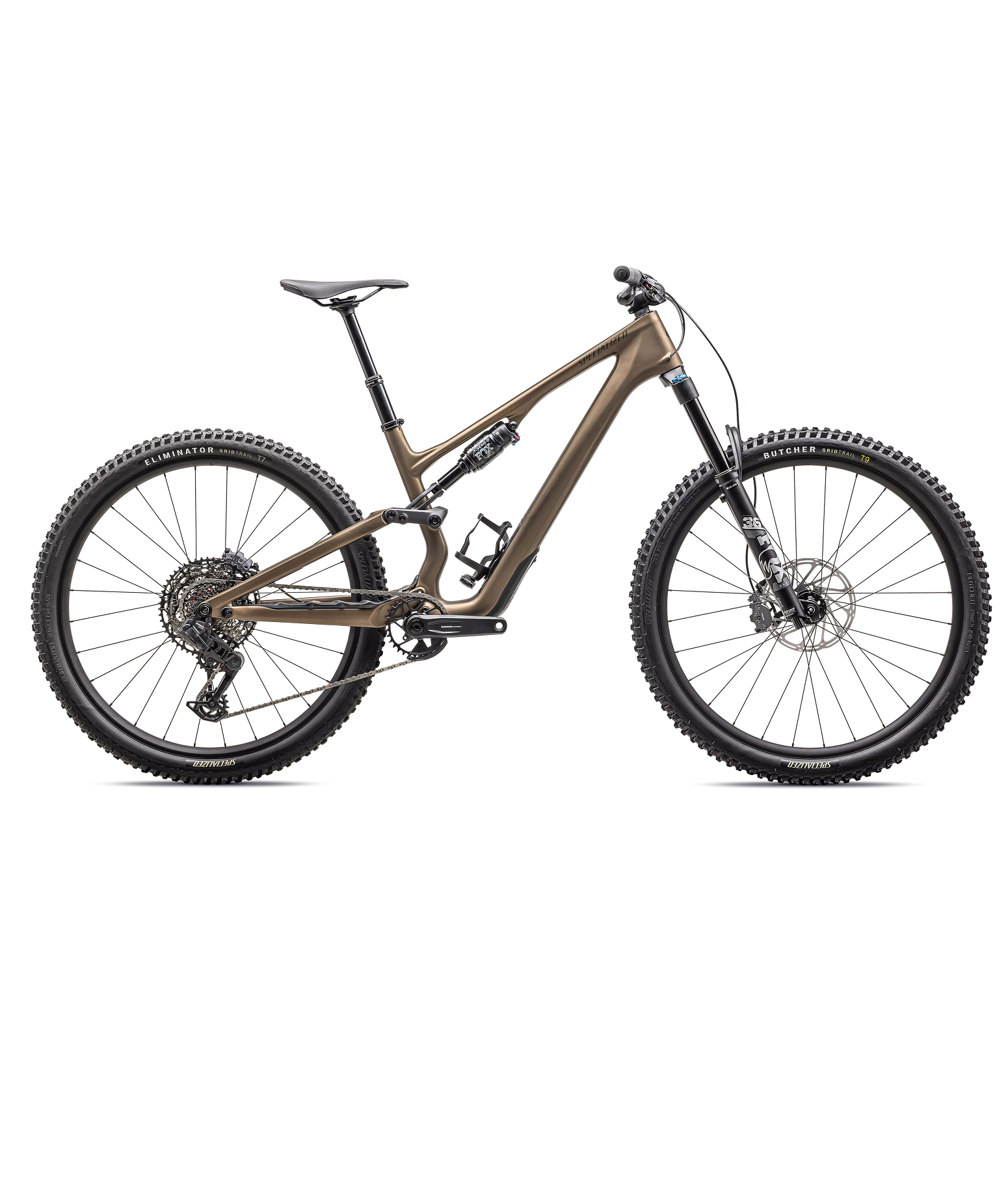 SJ-15-COMP-BNTGLDMET-GUN MTB 29" Specialized Stumpjumper 15 Comp Alu 1x12s i blått eller svart är avbildad i profil mot en vit bakgrund