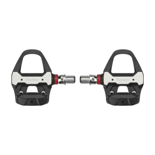 Ett par Wattpedaler Assioma PRO RS-2 visas mot en vit bakgrund. Bilden visar detaljer om pedalernas konstruktion, med tydliga detaljer om fästen och sensorteknik. Bra belysning framhäver design och kvalitet.