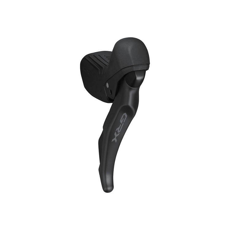 ST-RX610-R-shimano En svart Shimano ST-RX610 GRX STI-reglage 2x12 växel- och bromsspak visas mot en vit bakgrund, vinklad för att visa dess ergonomiska design och integrerade funktioner.