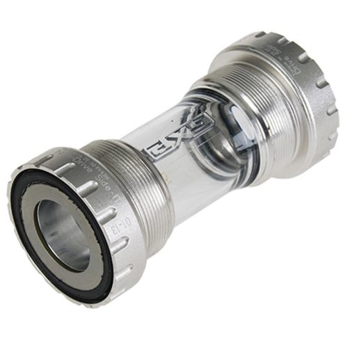 Silverfärgat SRAM GXP Team vevlager för italiensk gänga, med genomskinlig mittsektion. Ljust och detaljerat foto som framhäver produktens texturer och finish.