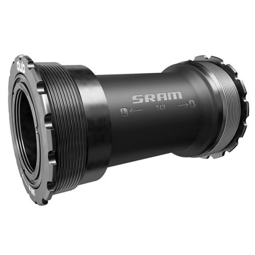 Ett svart SRAM DUB T47 gängat vevlager visas med detaljerad struktur och finish. Studioljuset framhäver märkningen och gängorna. Hög skärpa möjliggör tydlig visning.