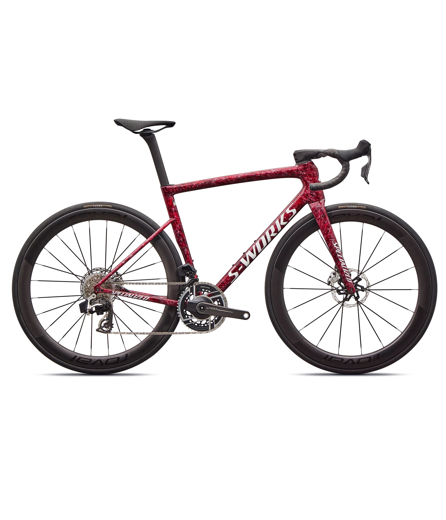 TARMAC-SL8-SW-AXS-REDSKY-SHDWSIL-WHT Den röda Specialized S-Works SL8 tävlingscykeln avbildas i studioljus