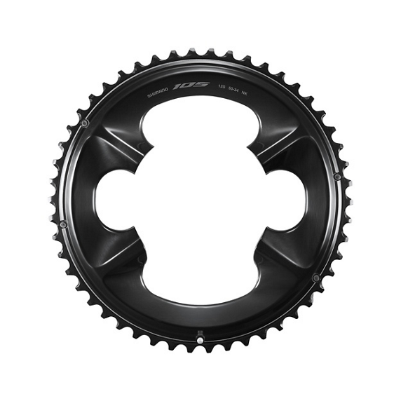 Y0RS98010-50T-FC-R7100-primary_1.jpg.thumb.572.572 Det svarta drevet Shimano 105 FC-R7100 för 12-växlade cyklar lyser starkt i studioljuset, med skarpa detaljer och en jämn färgton. Fokus på kedjedrevet och dess tänder.
