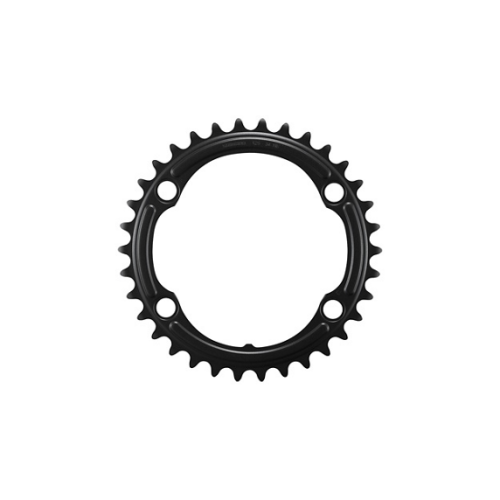 Detaljerad bild av ett svart Shimano 105 FC-R7100 kedjehjul, 12-växlat med 34 tänder, framträdande mot en vit bakgrund. Fokus ligger på design och konstruktion.