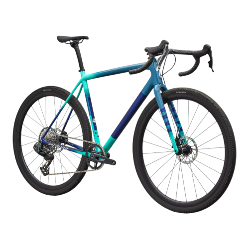 En detaljerad bild av en Specialized Crux Expert gravelcykel, med en iögonfallande blå-turkos färggradient och fokus på dess precisa design och komponenter.