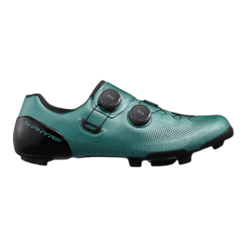 Grön Shimano S-Phyre RX910 gravelsko med två BOA-spännen och svarta detaljer.