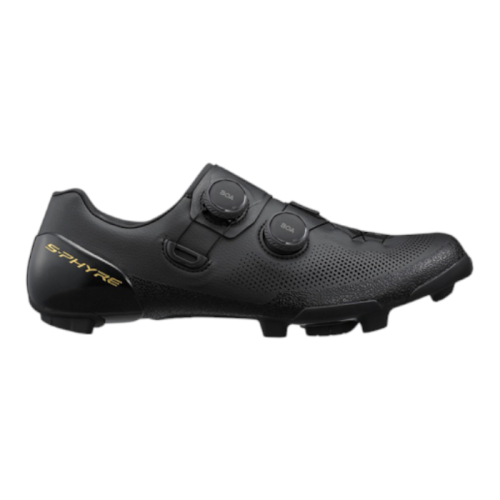Svarta Shimano S-Phyre RX910 gravelskor med dubbla BOA-spännen.