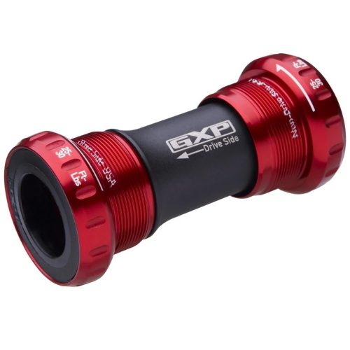Rött SRAM Blackbox GXP keramiskt vevlager, gängat för 68/73 vevhus, mot vit bakgrund. Ett kraftigt ljus framhäver produktens detaljer och finish.