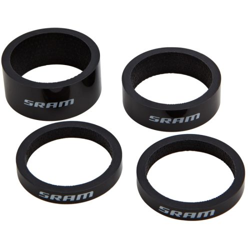 Fyra svarta SRAM-distanser i karbon för 1 1/8" gaffelrör.