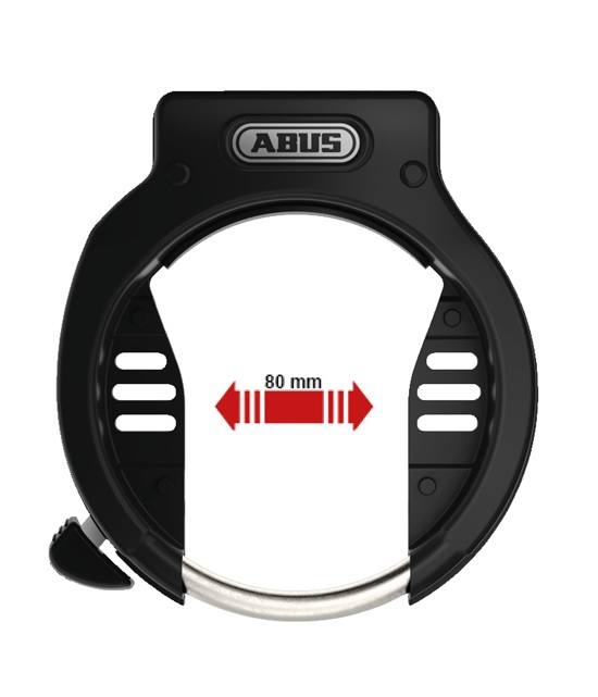 Abus-4650X Detaljerad bild av ett svart Abus Shield 4650X extra brett ramlås med en tydlig 80 mm dimensionering. Starkt ljus framhäver låsets konstruktion och material.