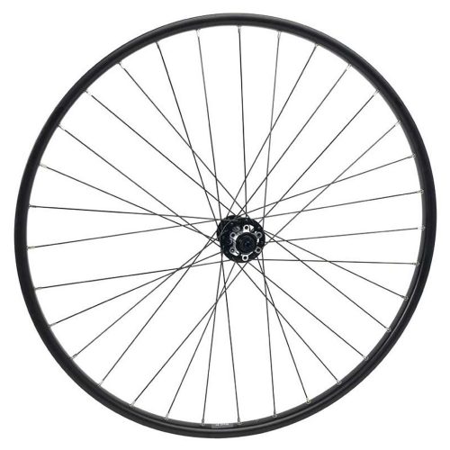 Cykelframhjul med svart fälg och nav, silverfärgade ekrar. Atmosfären är ljus, med detaljerade reflektioner som framhäver hjulets konstruktion och design. Används på produktsidan för Framhjul Connect Rival 21.