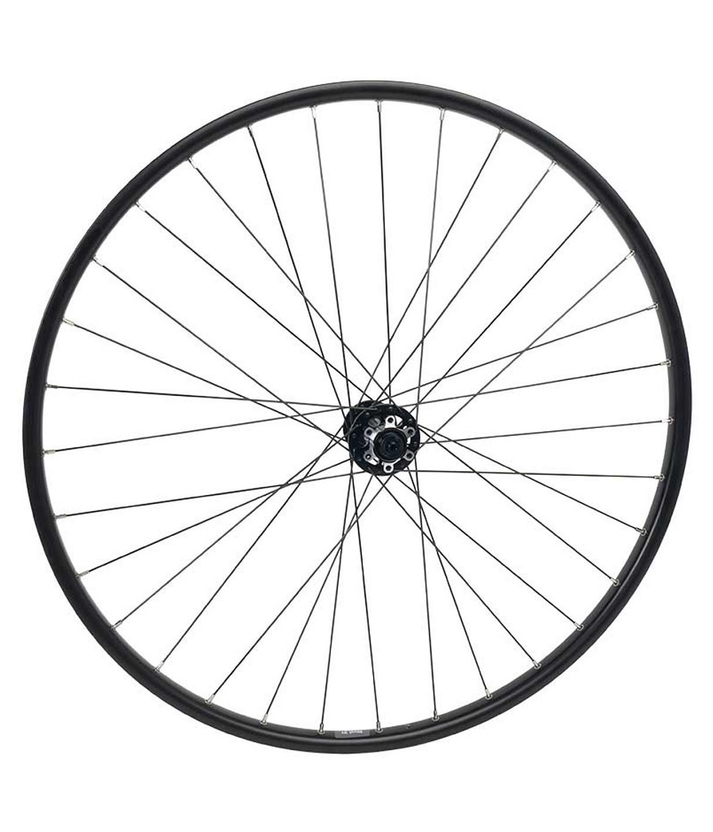 Connect-framhjul Cykelframhjul med svart fälg och nav, silverfärgade ekrar. Atmosfären är ljus, med detaljerade reflektioner som framhäver hjulets konstruktion och design. Används på produktsidan för Framhjul Connect Rival 21.